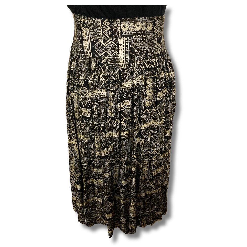 GREENLIGHT Vintage black gold geometric nature print full skirt ~ SMALL MEDIUM